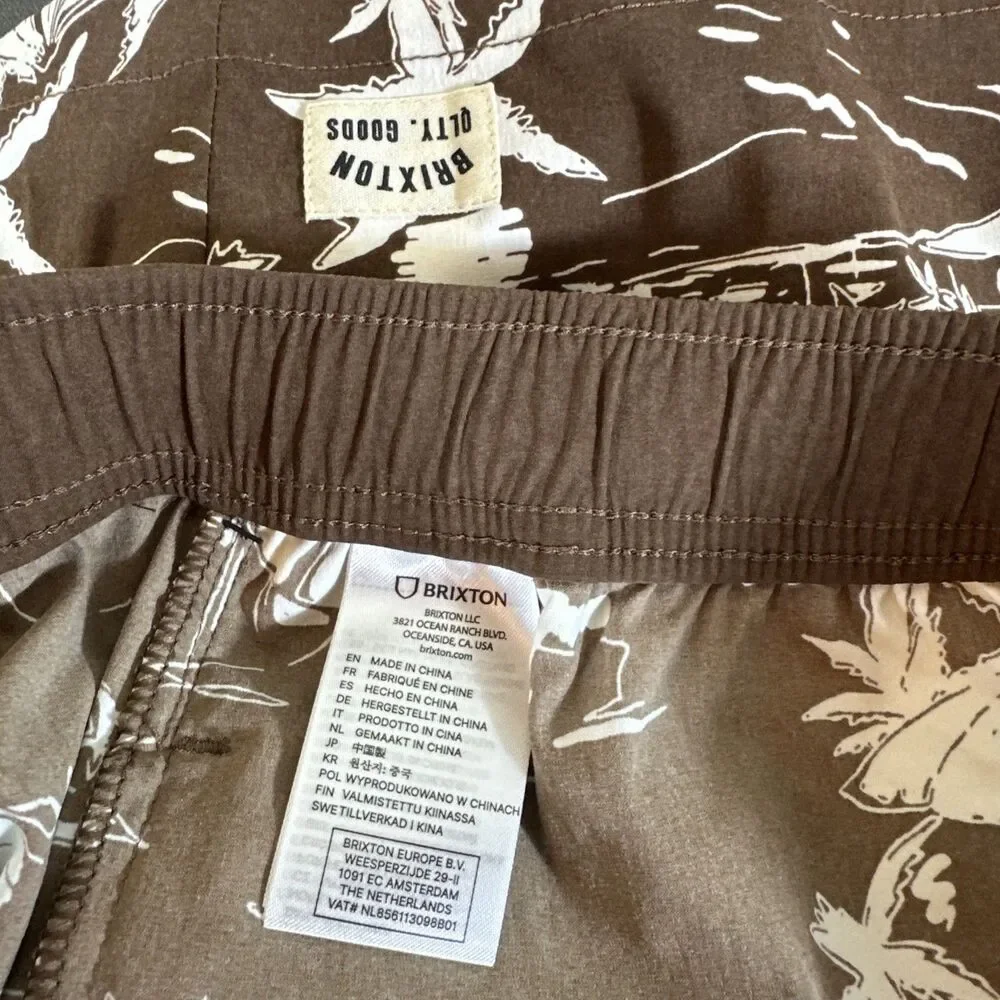 NWT Brixton Brown Stretch Swim Shorts Trunks Tropical Umbrellas Mesh Pockets
